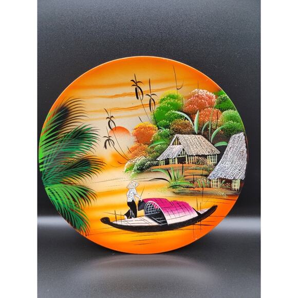 Vietnamese Lacquerware Plate Wall Art Hanging Colorful 8" Orange Green - Picture 1 of 6